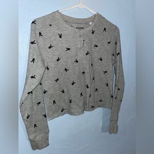 PacSun Beige Long Sleeve Crop Henley with Black Bunny Print